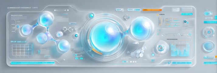 A digital interface shows vibrant molecular structures and analytics, highlighting advanced scientific visualization in the lab.