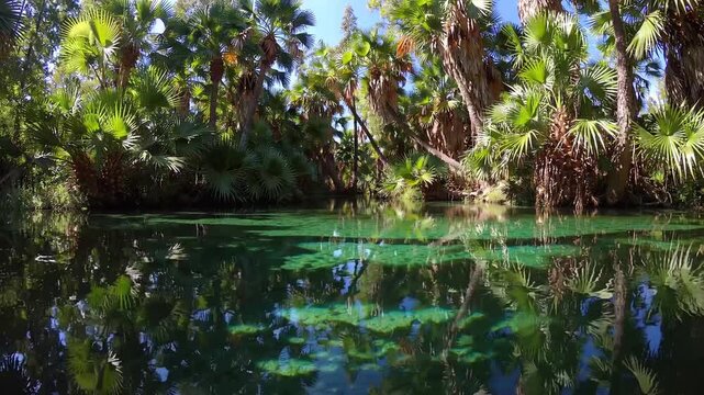 Reflections of Palm Tree Fronds Visible in the Clear Water of Natural Spring Located within National Forest