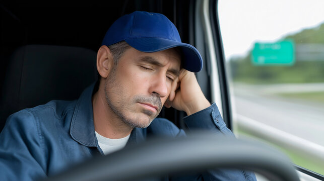 Fototapeta Tired truck driver falling asleep at the wheel on the road.   