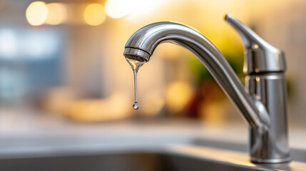 Close-up of a dripping faucet with a water droplet falling.  
