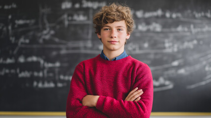 Confident student in a red sweater standing with arms crossed in front of a chalkboard.  
