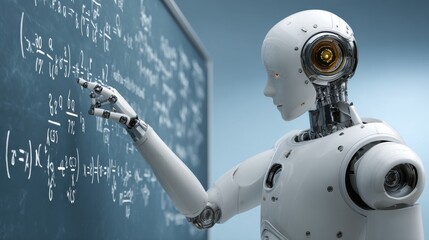 A sophisticated robot points at complex mathematical equations on a chalkboard while engaging with students in a contemporary classroom.