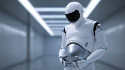 Futuristic humanoid robot in a sterile room holding its rounded abdomen like a pregnancy.  

