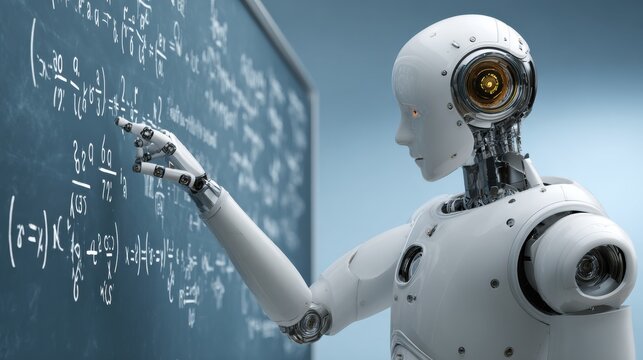 A sophisticated robot points at complex mathematical equations on a chalkboard while engaging with students in a contemporary classroom. - Powered by Adobe