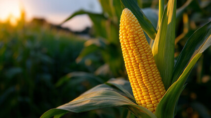 Close-up of corn cob growing in a field at sunset.  
