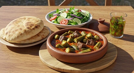Delicious okra stew with pita bread, salad, and mint tea on a wooden table.