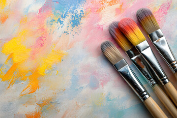 Obraz premium Vibrant Palette of Colors: Paintbrushes and Artistic Tools Enhance Creativity in Studio Background