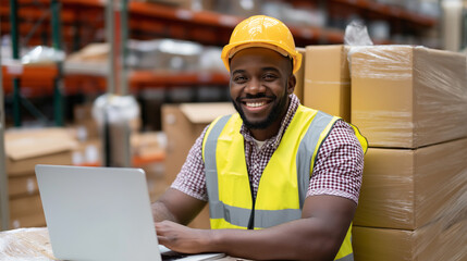 Smiling warehouse worker using a laptop among stacked cardboard boxes.