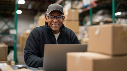 Smiling warehouse worker using a laptop among stacked cardboard boxes.  
