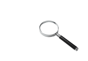 Pristine modern magnifying glass with black handle, silver accents, clear empty lens on white studio surface with copy space, concept of precise analysis and focused insight