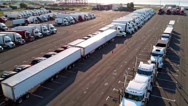 Multiple heavy-duty tractor trailer rigs featuring enclosed freight carriers parked in orderly line within commercial logistics hub awaiting subsequent transportation assignments