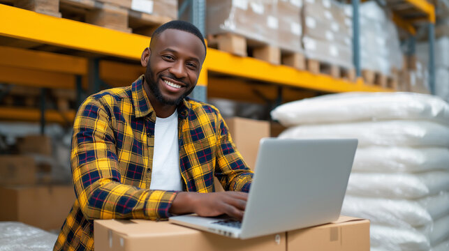 Smiling warehouse worker using a laptop among stacked cardboard boxes.  
 - Powered by Adobe