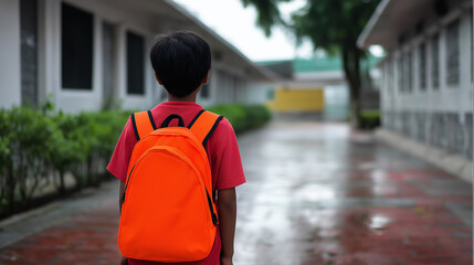 Back view of a schoolboy wearing a gray hoodie and orange backpack walking down a hallway.  
