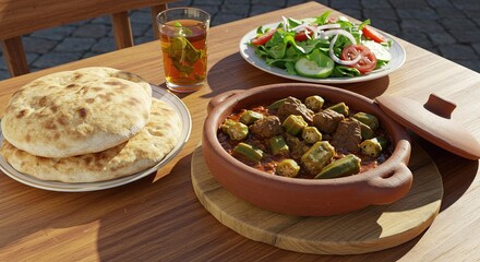 Delicious Middle Eastern meal of okra stew, pita bread, and salad on a wooden table.
