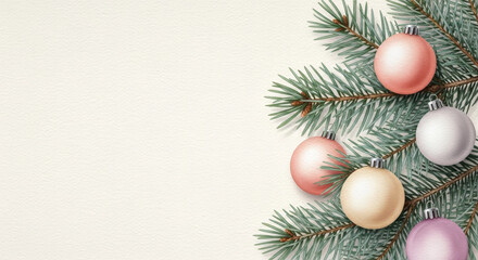 Fototapeta premium New Year 2026 celebration decorations with pastel colored ornaments on evergreen branches