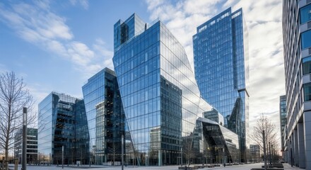 Modern glass office buildings reflecting the sky and clouds in a contemporary urban landscape business district with sustainable architecture
