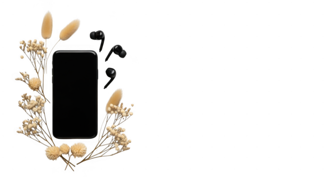 A modern smartphone surrounded by dried flowers and wireless earbuds, creating a stylish composition isolated on transparent background - Powered by Adobe