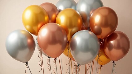 Bunch of shiny metallic balloons in silver gold and copper colors for a festive celebration or party decoration on a neutral background - Powered by Adobe