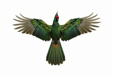Obraz premium Green parrot wings spread, isolated, flight, wildlife, nature, graphic, design element