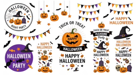 A vibrant collection of halloweenthemed graphics including pumpkins, witches hats, and banners isolated on transparent background