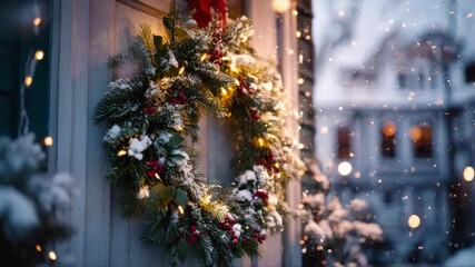 Enchanting snow-covered door adorned with a festive wreath - Powered by Adobe