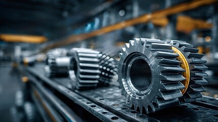 Fototapeta premium Metal cogwheels lying on a production line in a factory represent the manufacturing process of mechanical components for various industrial applications
