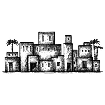 The Holy Land - a panoramic sunset view of the ancient biblical city of Bethlehem or Nazareth with traditional stone architecture, palm trees, and a historic atmosphere.