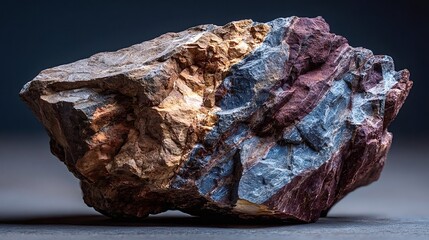 Studio shot of a colorful rock formation showcasing layers of sedimentary rock, providing insights into geological processes and earth's history, against a dark background