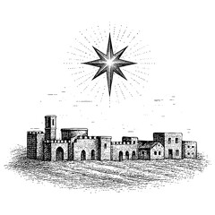 The Holy Land - a panoramic sunset view of the ancient biblical city of Bethlehem or Nazareth with traditional stone architecture, palm trees, and a historic atmosphere.