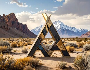 A large, golden and dark-hued, geometric art piece stands amidst a desert landscape, framed by snow-capped mountains.