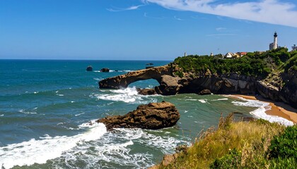A breathtaking coastal vista featuring a natural archway over crashing waves, a sandy beach, and a picturesque lighthouse against a vibrant blue sky.