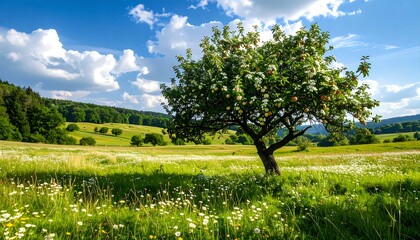 A solitary  tree stands proudly in a sun-drenched meadow, brimming with wildflowers and a backdrop of rolling hills under a vibrant blue sky filled with fluffy white clouds.