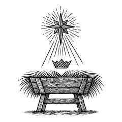 A symbol of hope - empty wooden manger in a stable, illuminated by the mystical light of the Star of Bethlehem, representing anticipation and the miracle of Christmas.