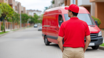 Delivery worker in red uniform standing near a red van on a residential street.  
