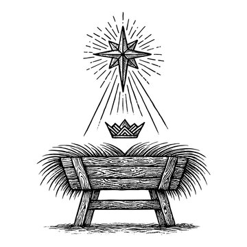 A symbol of hope - empty wooden manger in a stable, illuminated by the mystical light of the Star of Bethlehem, representing anticipation and the miracle of Christmas.
