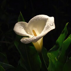 A luminous white calla lily, glistening with dew drops, highlights its elegant form against a dark backdrop.