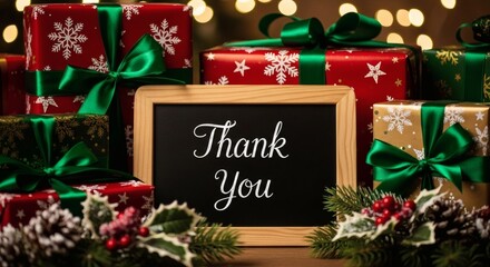 A chalkboard with the words thank you surrounded by festive christmas gifts and greenery