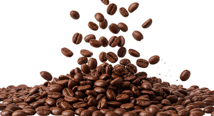 Obraz premium Perfectly roasted, glossy brown coffee beans in an explosive mid-air burst against a transparent studio background with high-key lighting. Concept of premium coffee freshness