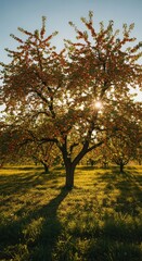 Fototapeta premium Sunlit apple orchard with blossoming fruit trees in a serene landscape