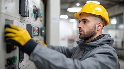 Engineer operating control panel in factory wearing helmet and protective gloves.  
