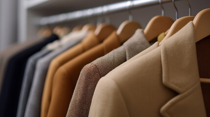 Fototapeta premium A row of stylish jackets in various colors hangs neatly on wooden hangers in a modern closet. 