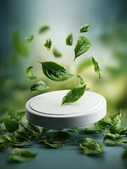 A white, circular podium is surrounded by a profusion of fresh, vibrant green leaves in a soft, natural setting.