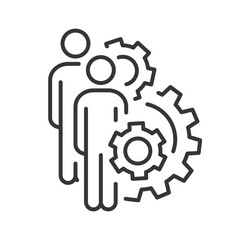 optimization operation icon, simple image, leaders group for process management, fix strategy industry, people with transmission gear wheel, linear vector illustration