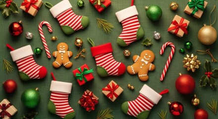 Christmas stockings, gingerbread men, candy canes and gifts scattered on a green background
