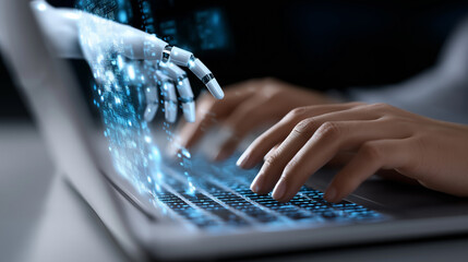 Human hands typing on a laptop keyboard with a digital robotic hand projection assisting.  
