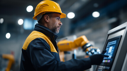 Engineer in hard hat operating robotic machinery using digital control panel.  

