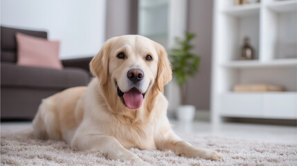 A happy golden retriever lies on a carpet in a cozy living room interior. 
