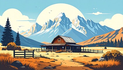 A picturesque scene of a rustic wooden barn nestled amidst a valley, surrounded by majestic snow-capped mountains and a golden meadow, featuring a vibrant color palette and a serene atmosphere.