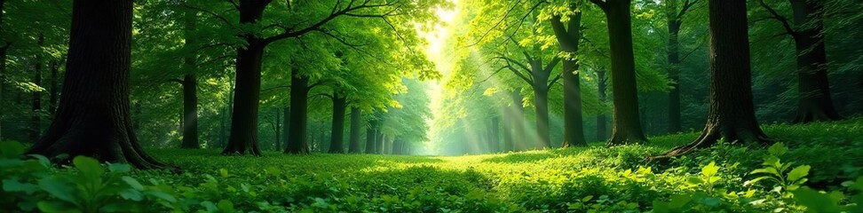 Obraz premium Lush green forest canopy, dappled sunlight filtering through leaves, vibrant undergrowth, tranquil and serene natural woodland scene , ecosystem, organic