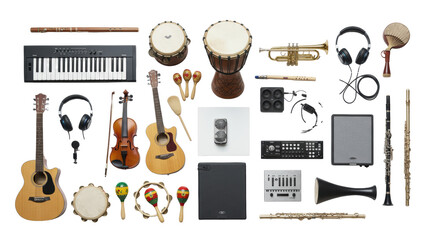 Flat-lay of pristine, brand-neutral musical instruments & audio equipment on a transparent studio background, soft lighting, sharp focus. Concept of musical creativity and harmony
